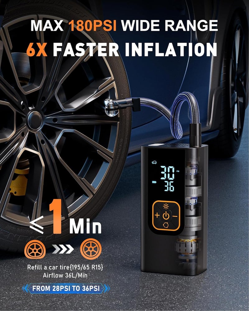 QKMPOM 180PSI Tire Inflator Portable Air Compressor, 6X Faster Air Pump for Car Tires with Digital Pressure Gauge, 12V DC Adapter, LED Light, Portable Tire Inflator for Car, Motorcycle, Bike, Balls - Image 2